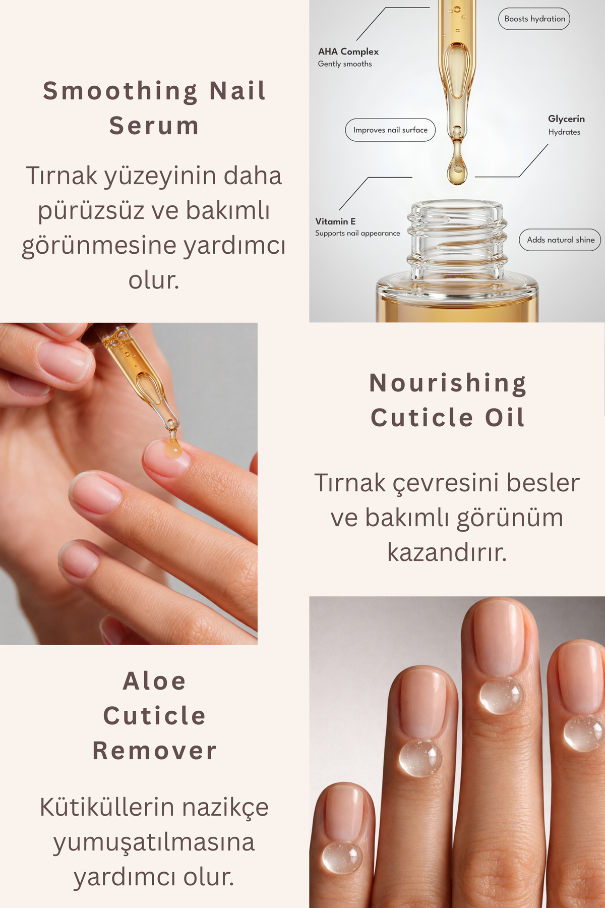 Nail Care Trio – Smoothing Nail Serum, Nourishing Cuticle Oil & Aloe Cuticle Remover 3'lü Tırnak Bakım Seti